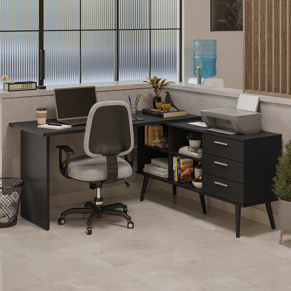 Mesa de Escritório em L 3 Gavetas Preto Lisboa Madesa em Oferta na Shopee