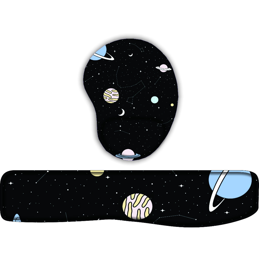 Kit Mouse Pad com Apoio de Pulso + Apoio de Teclado Constelação Planetas Estrelas Lua Céu