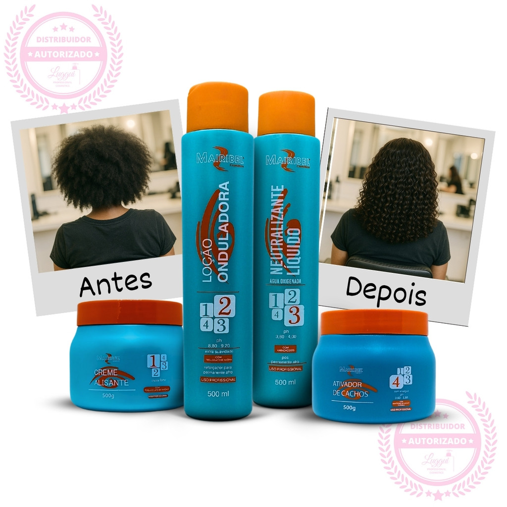 Kit Permanente Afro Mairibel c/ Creme Alisante, Loção Onduladora, Neutralizante e Ativador de Cachos