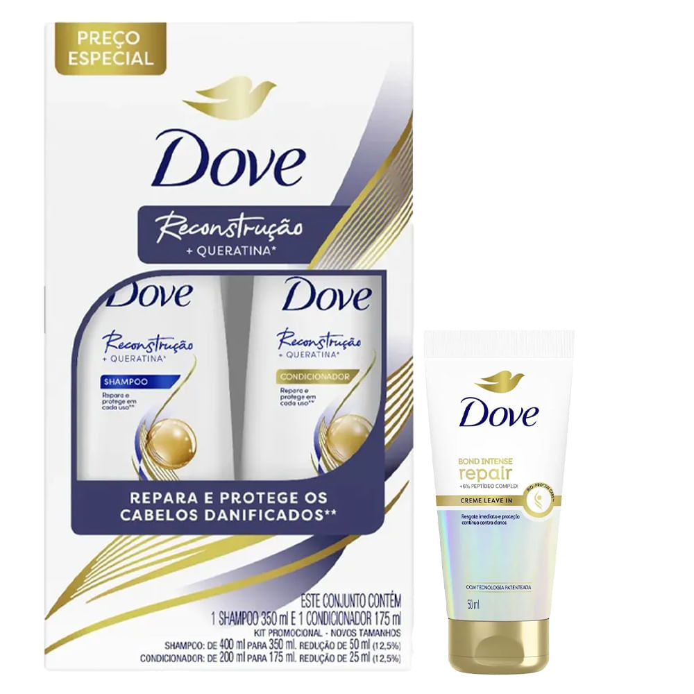 Kit Dove Reconstrução e Queratina Shampoo 350ml + Condicionador 175ml + Leave In Bond Intense Repair 50ml - Beauty