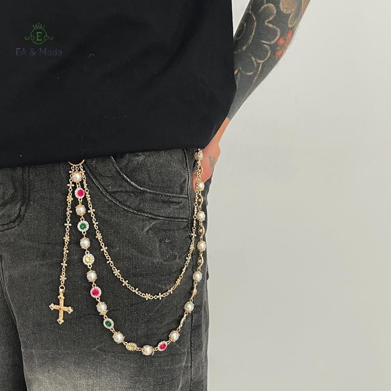 EA & Moda Punk Cruz Pingente Chaveiros Para Homens Rock Goth Imitação Pérola Calças Corrente Cinto Hip Hop Jeans Acessór