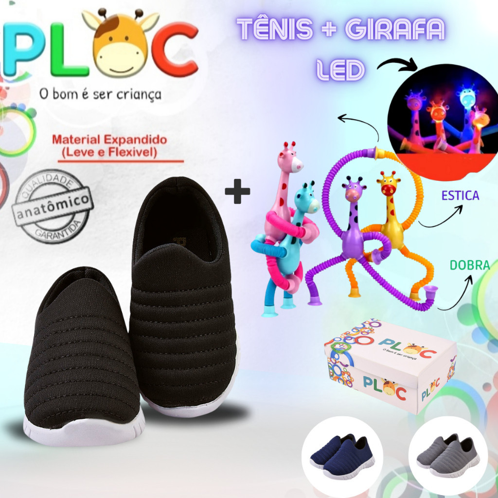 Kit Divertido Ploc - Tênis Calce Fácil Anatômico+ Girafa Ploc LED Estica e Puxa PRETO MENINO