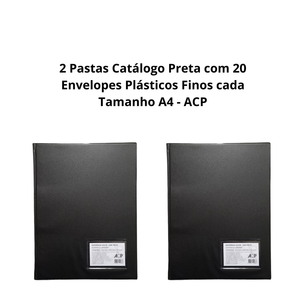 2 Pastas Catálogo Preta com 20 Envelopes Plásticos Finos cada /Tamanho A4 / ACP