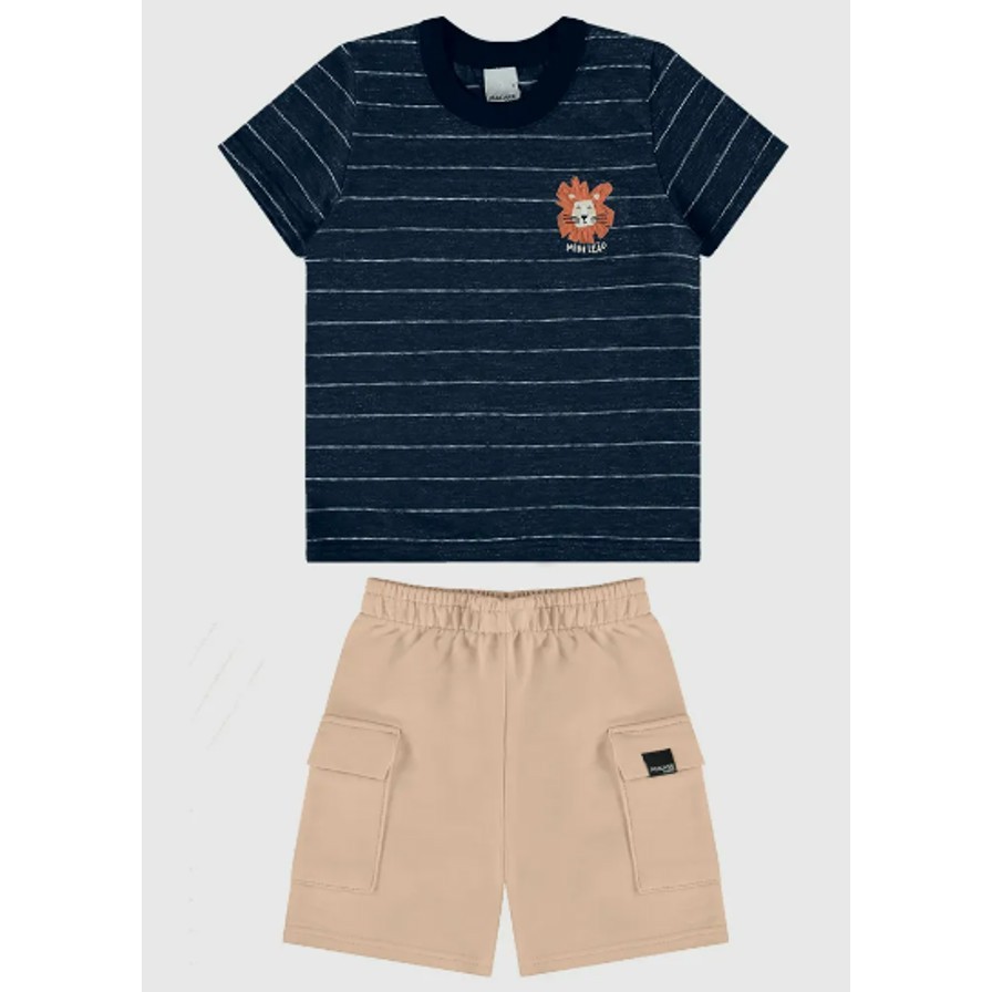 Conjunto Infantil Menino Camiseta Em Malha Rajada Listrada Malwee Kids Azul