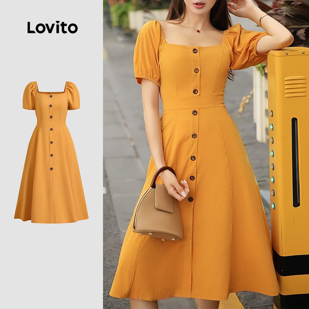 Lovito Vestido Casual Com Estrutura De Botão Linha Primavera/Verão Vestido Amarelo Para Mulheres L134ED866 - Women Clothes
