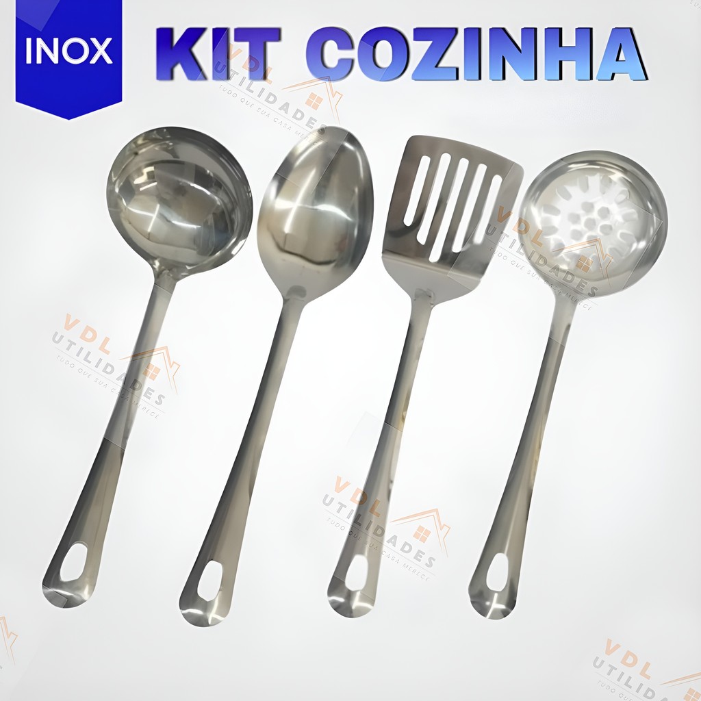 Kit 4 Peças Utilidades INOX para Cozinha Espatula Escumadeira Colher de Arroz Concha Comida Cozinha