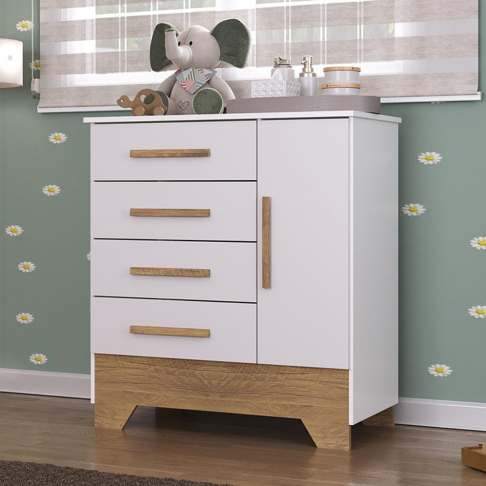 Cômoda Infantil 4 Gavetas 1 Porta com Pés Catavento Rodial