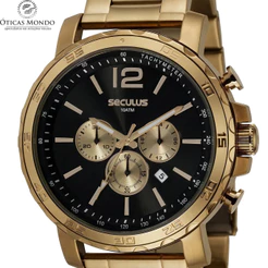 Relógio Seculus Masculino Cronógrafo Casual Aço Dourado Original 44063GPSVDA2