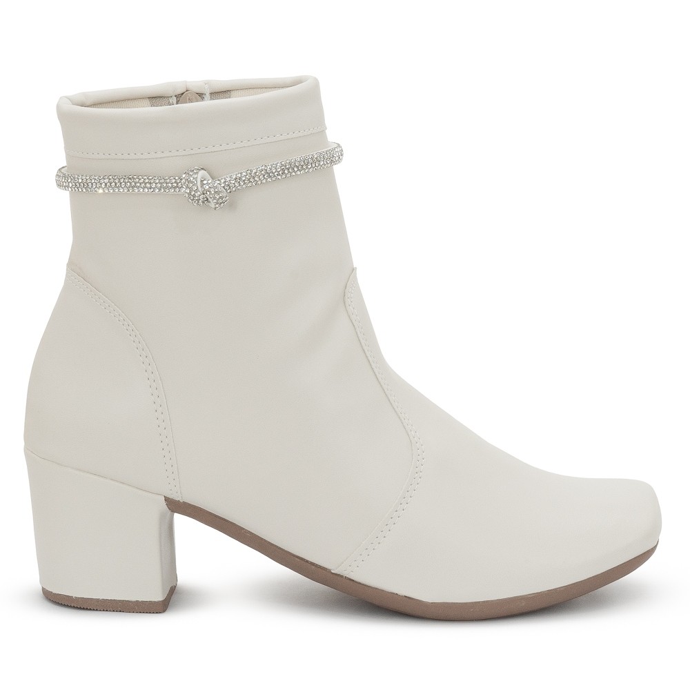Coturno Feminino Off White Cano Curto Salto Grosso Confortável Fivela Brilhante Elegante R...