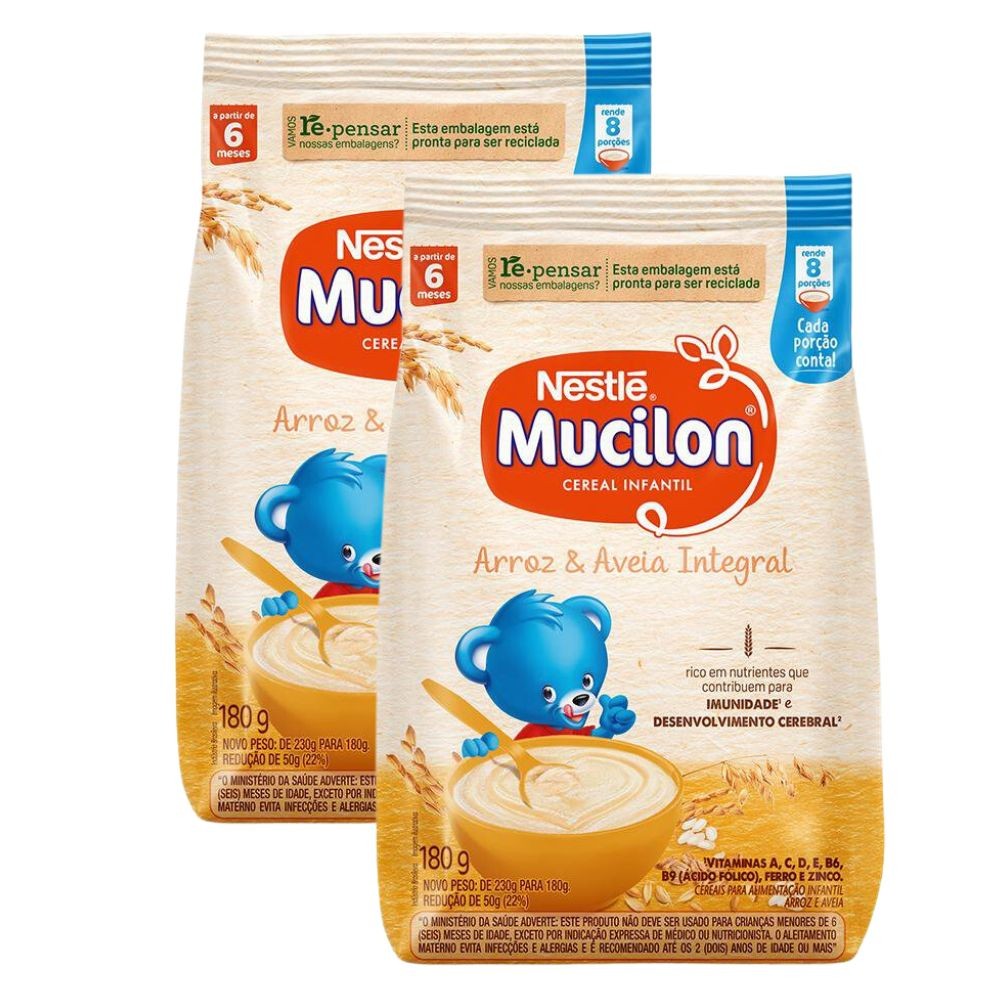 Kit 2 Mucilon Arroz e Aveia Integral Cereal Infantil Sachê 180g - Mom & Baby