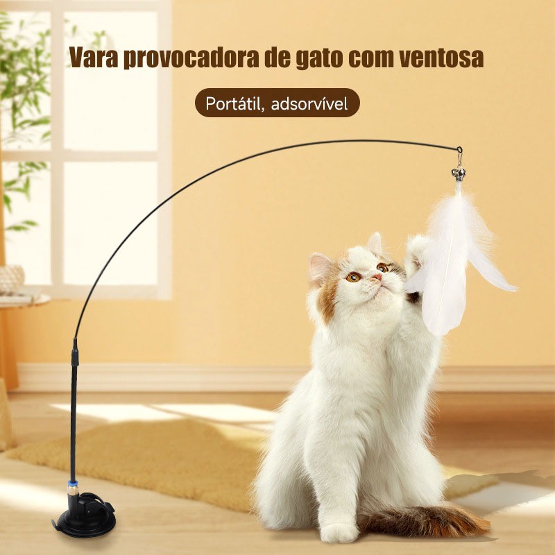 Brinquedo para Gato Varinha com Penas e Ventosa – Fixa no Chão, Estimula e Diverte