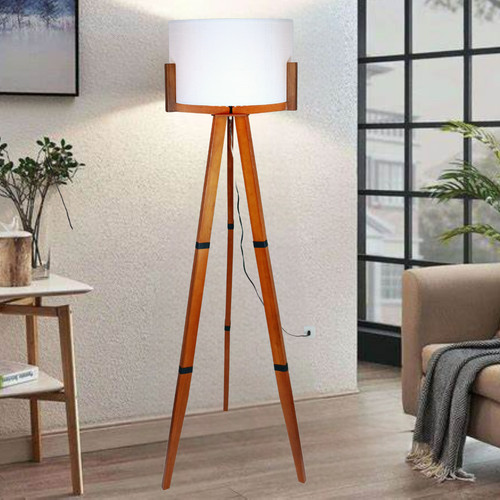 Luminária de Chão Tripé Madeira Maciça Torneado Design Moderno Contemporâneo Palha ou Cinza Chumbo