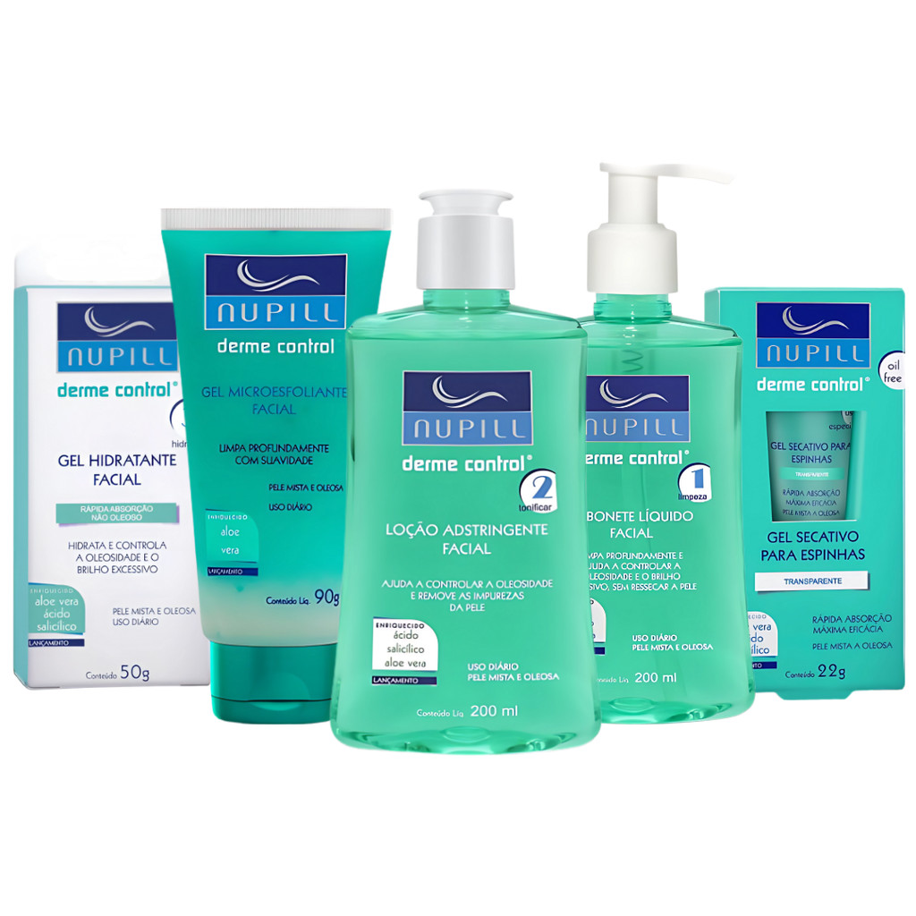 Kit Nupill Derme Control Cuidado Facial 5 Produtos Linha Completa Skin Care Uso Diário