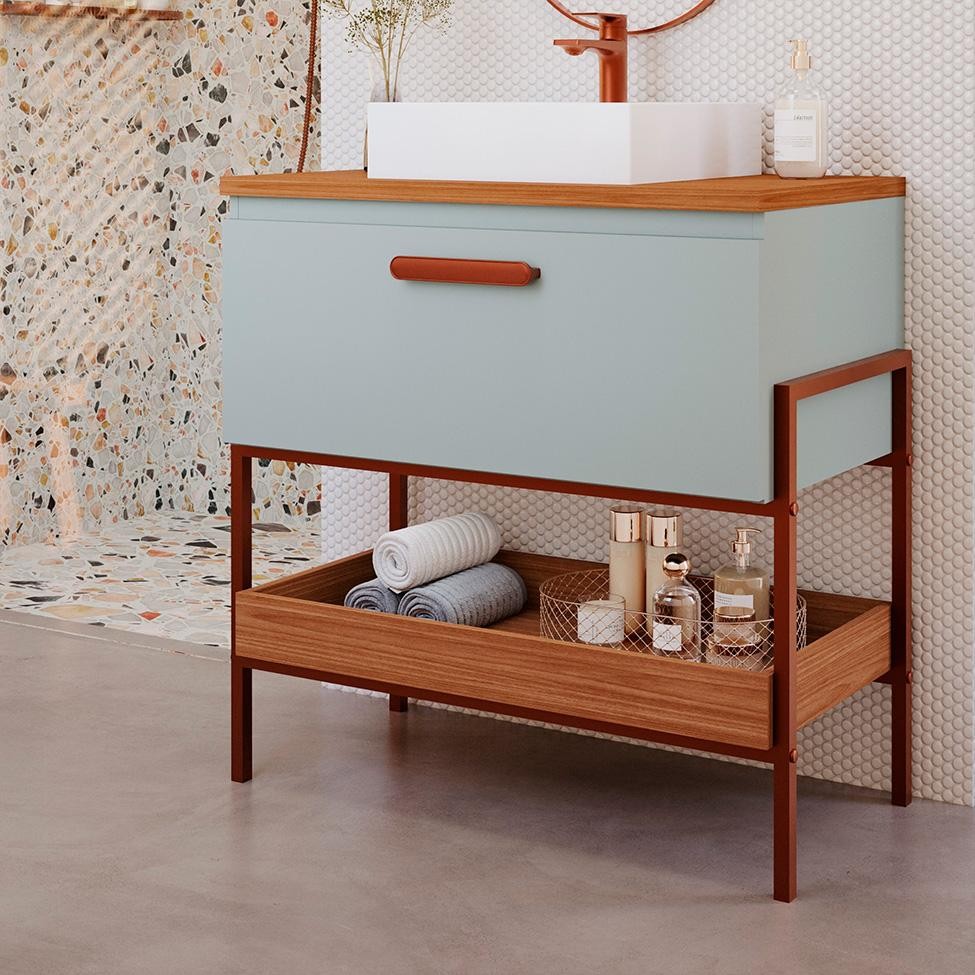 Gabinete de Banheiro Portinari 1 PT Pistache e Freijó 85 cm - Home & Living