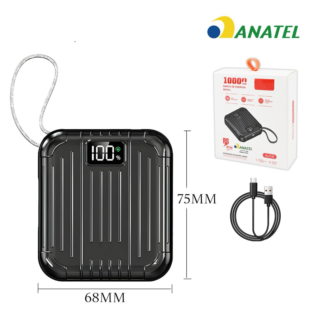 Banco de energia portátil de 10000 mAh com cabo tipo C, carregamento rápido, display LED