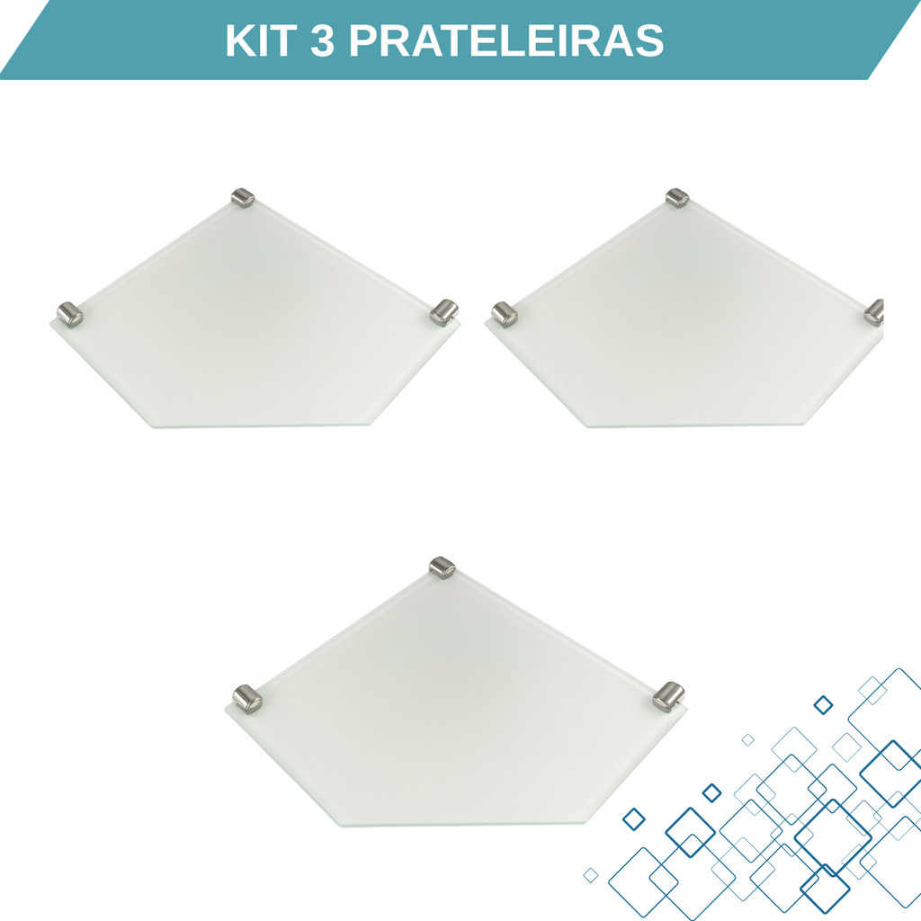 KIT 3 PRATELEIRAS BANHEIRO/COZINHA/LAVANDERIA VIDRO CANTO LAPIDADO 25X25 6MM INCOLOR