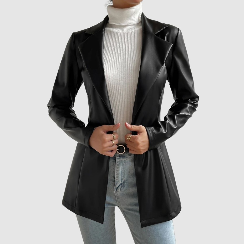 Blazer Feminino Inverno Couro Ecológico Brilhante Com Botão Frontal Estilo Social
