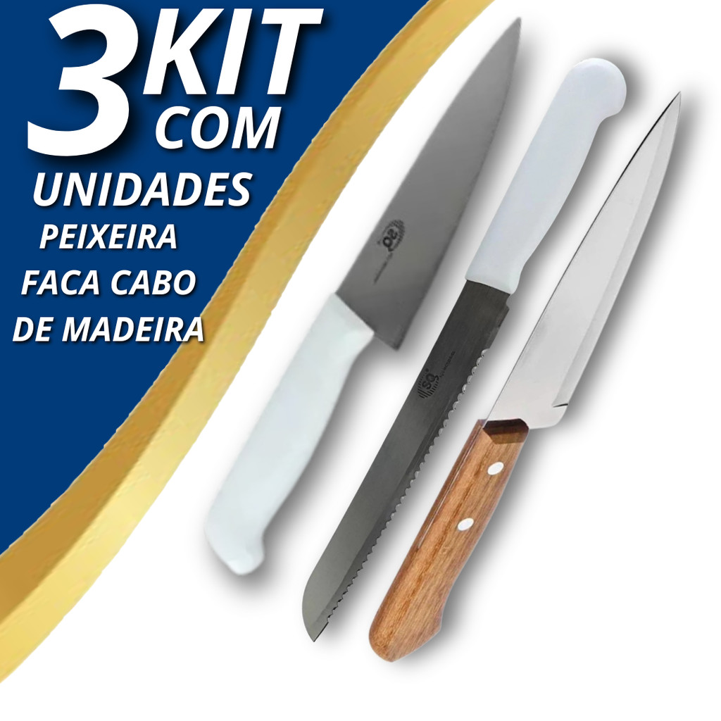 Jogo 3 Faca De Cozinha Inox Profissional 7 Do Cabo Madeira 30,1CM - Faca Peixeira 7  - Faca de Pão 8