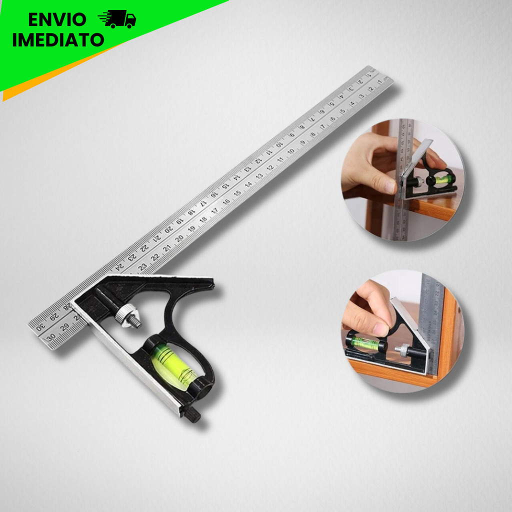 Esquadro Combinado Marcenaria Madeira C/ Régua Carpinteiro 12'' 300mm Profissional Resistente Inox