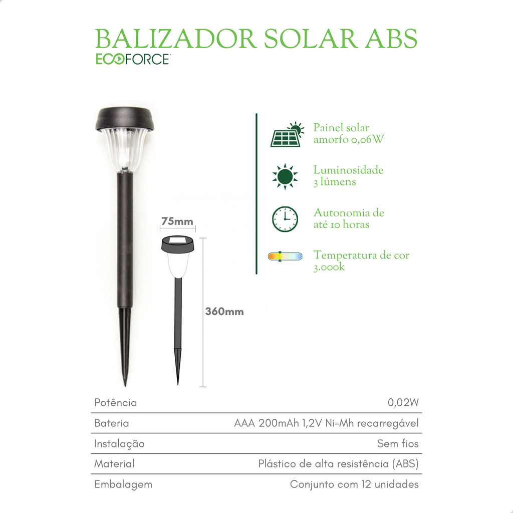 Detalhes do Kit 12 Luminarias Espeto Solar Jardim Balizador ABS 3000k
