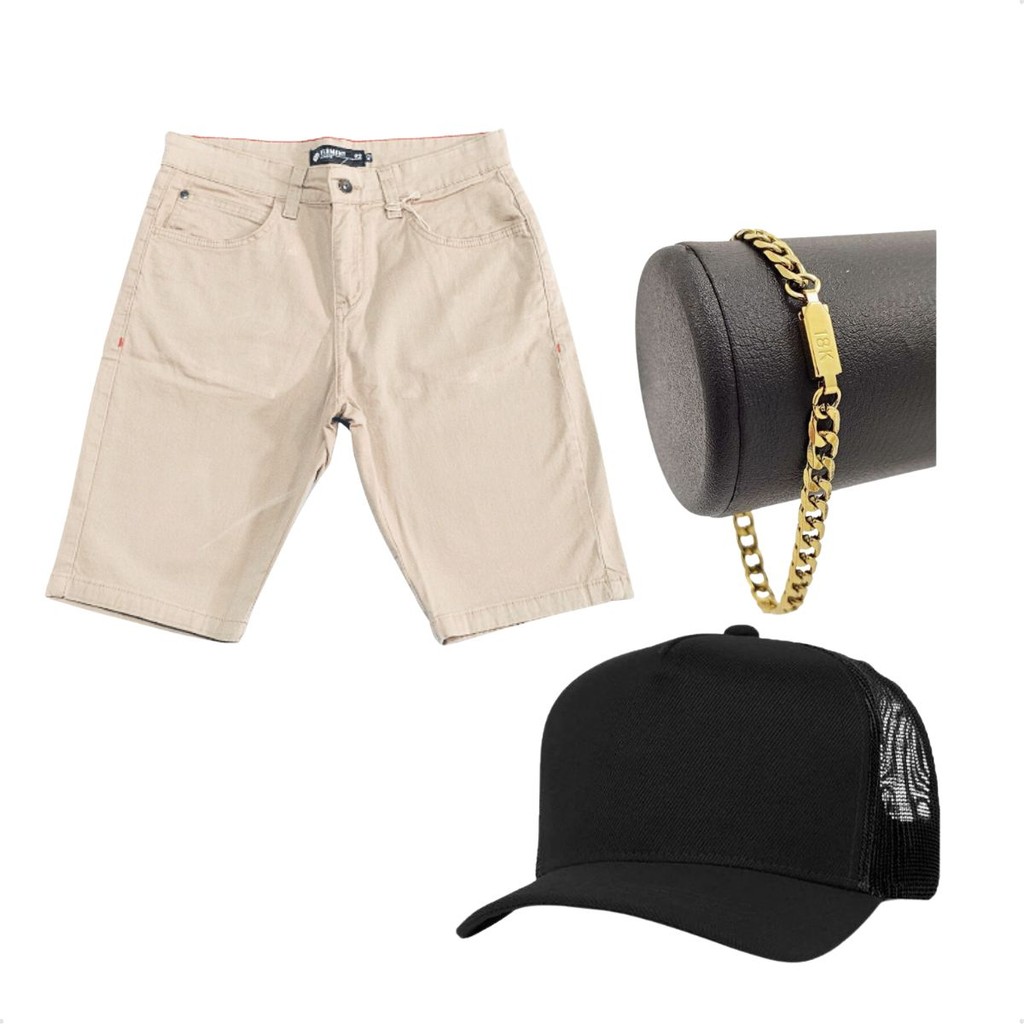 Kit 1 Bermuda Masculina Sarja 1 Boné Mais Pulseira Dourada De Alta Qualidade