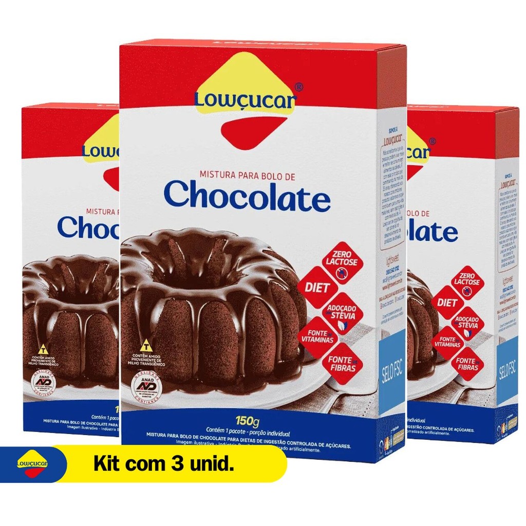 Kit com 3 Unids - Bolo de Chocolate Zero Adição de Açúcares 150g, Doces Zero Lactose, Diet, Fibras