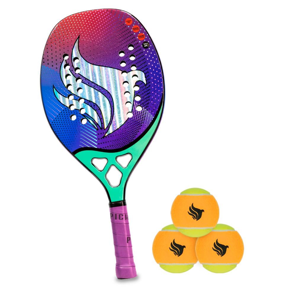 Kit Raquete De Beach Tennis Pichau Hawaiian Waves Face 3k Carbon + Kit Bolas de