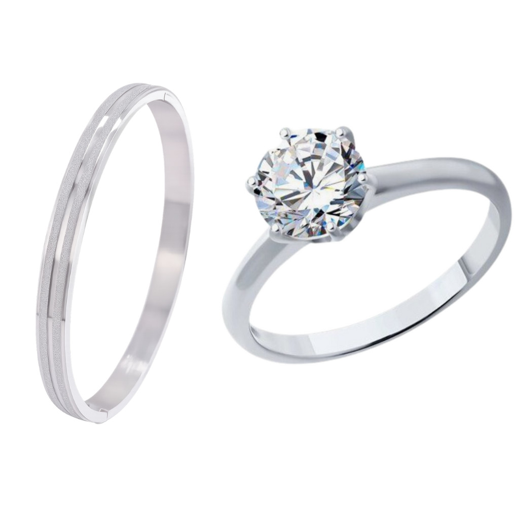 Aliança Namorados Prata 4mm + Anel Solitário 2mm Pedra Branca Luxo Casal Tungstenio Anatomica