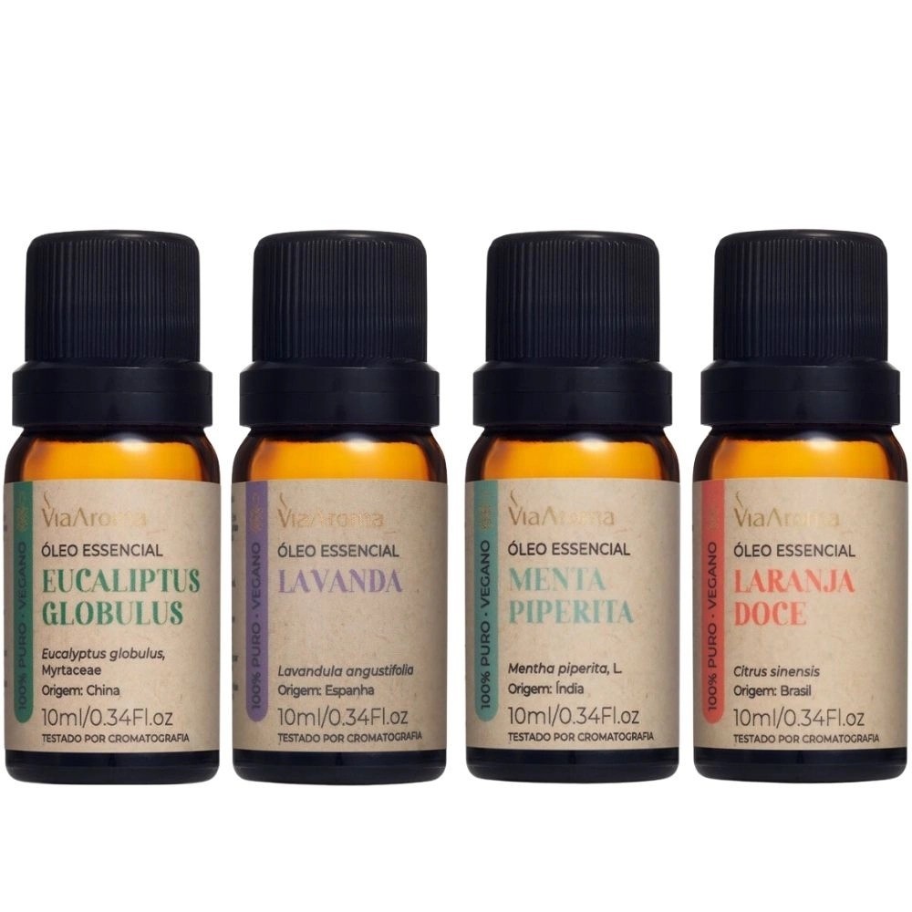 Kit 4 Óleos Essenciais Via Aroma - Eucaliptus Globulus, Laranja Doce, Lavanda e Menta Piperita em Oferta na Shopee
