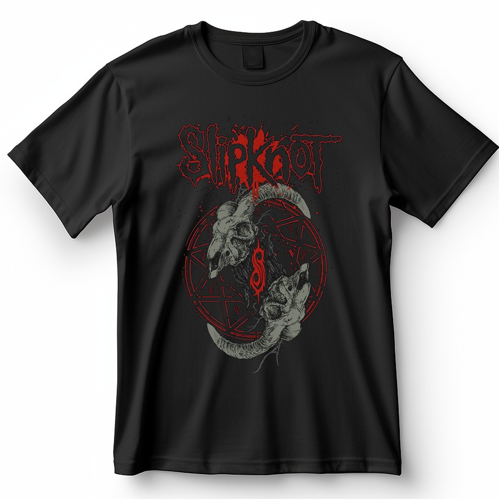 Camiseta Slipknot Estampa Goats e Pentagrama Vermelho Caveiras Blusa Camisa 100% Algodão