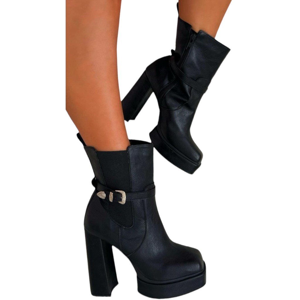 Bota Meia Pata Plataforma Fivela Elástico Salto Alto Grosso  Estilosa Moda Conforto So Pretty Shoes Mabeli