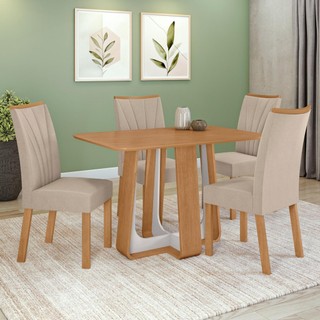 Conjunto Sala de Jantar Mesa Easy Pop 120x80cm Tampo MDF com 4 Cadeiras Confort  Veludo Creme Amêndoa/Off