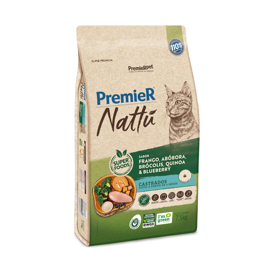 PREMIER NATTU GATO CASTRADOS FRAN/ABOB/BROC/QUINOA 7,5KG