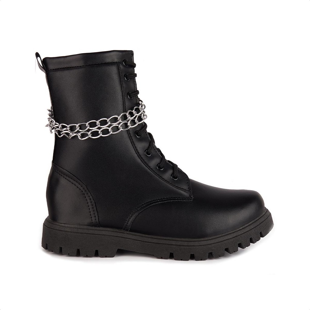 Bota Coturno Infantil Cano Alto Tratorada com Corrente Confortável e Zíper Lateral Menina Fashion