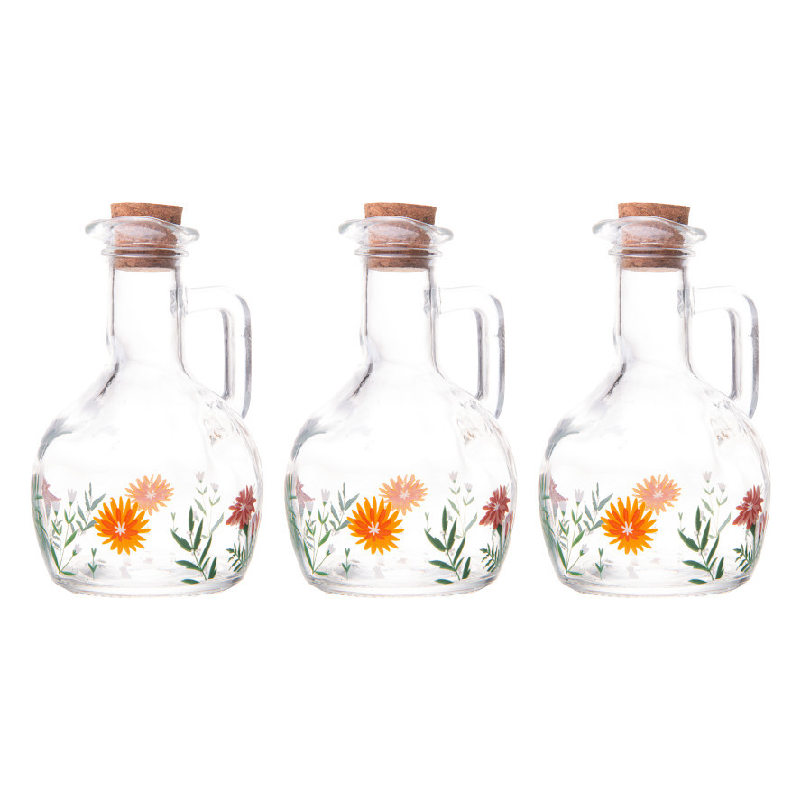 Conjunto 3 Galheteiros Garrafa Floral P/ Azeite De Vidro C/ Tampa Rolha E Bico Direcionador 180ml