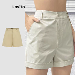 Lovito Casual Shorts Com Bolso Liso E Shorts Enrolados Para Mulheres L74ED052 (Multicolorido)
