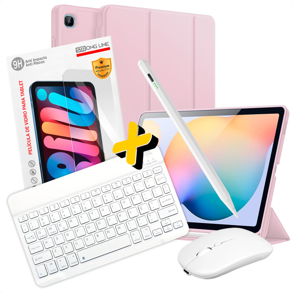 Combo Capa S6 Lite Premium 5x1 - Teclado Bluetooth e  Mouse Branco, Película, Caneta Stylus e Smart Cover Suporte Caneta