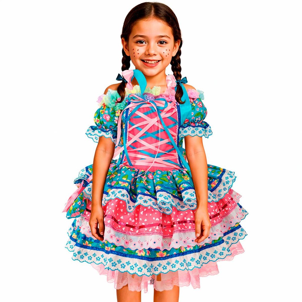 Vestido Caipira Infantil de Festa Junina Super Rodado Com Saia Armada e Bolsinho