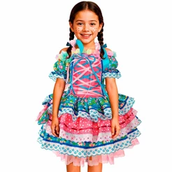 Vestido Caipira Infantil de Festa Junina Super Rodado Com Saia Armada e Bolsinho