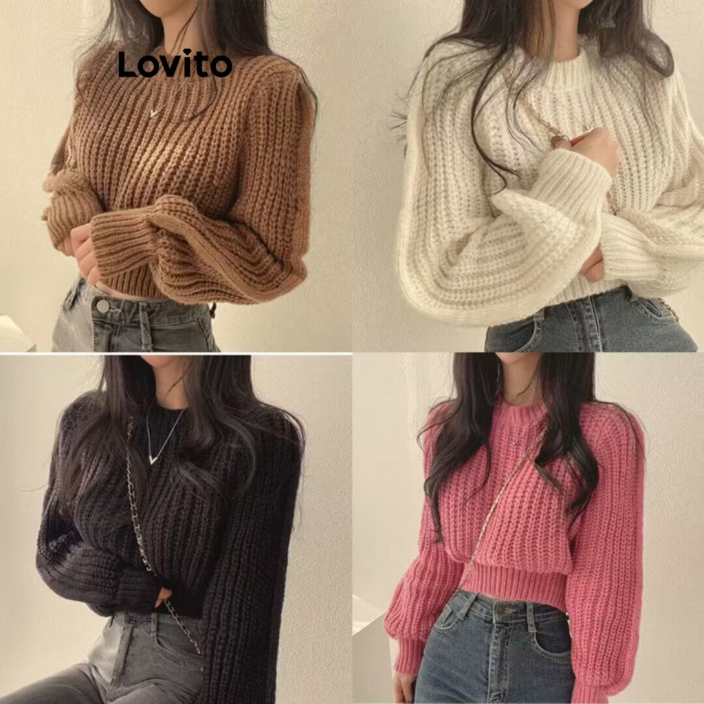 (Trendy) Lovito Suéter Casual Liso Básico Para Mulheres LNA40014 em Oferta na Shopee