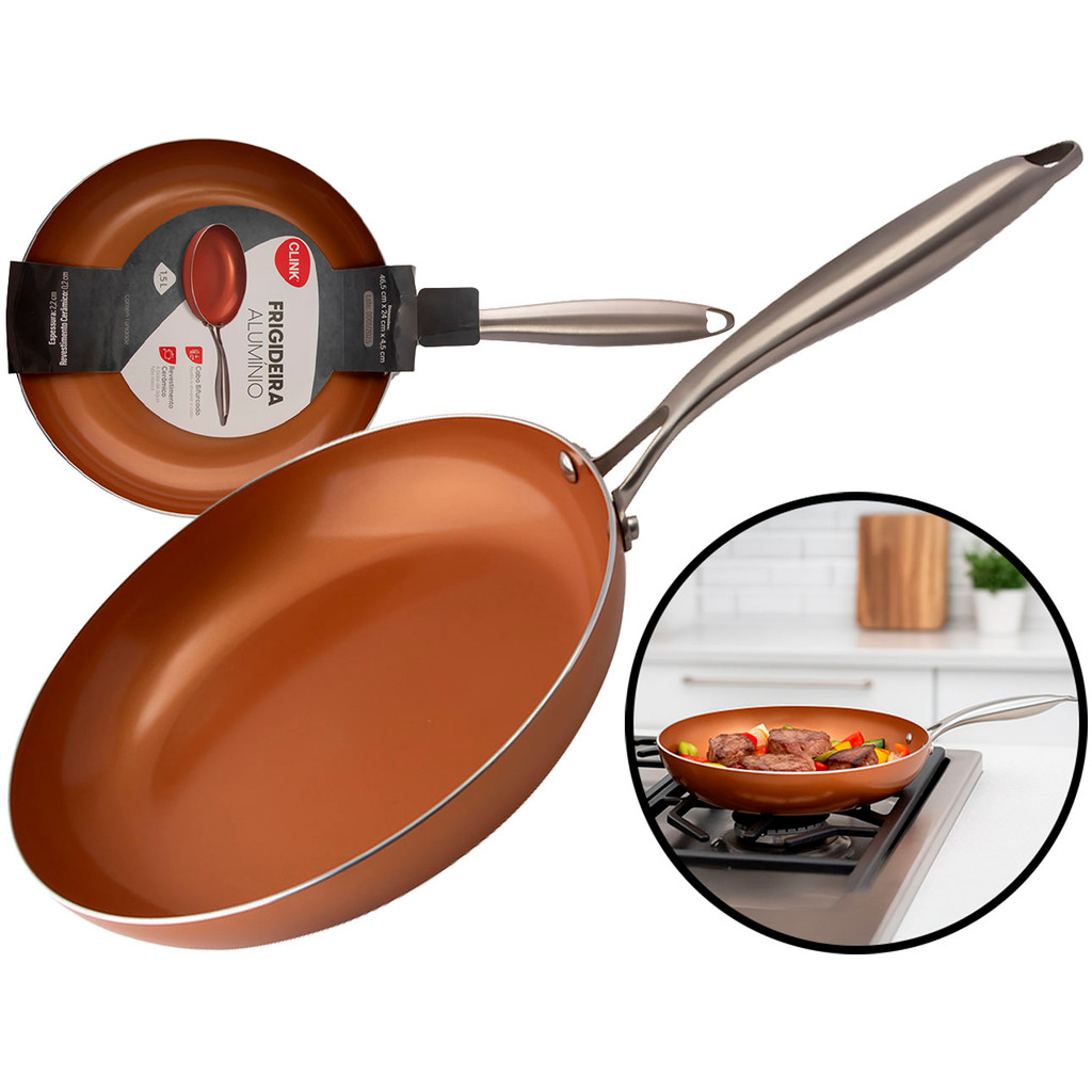 Frigideira Cobre Alumínio 24cm Revestimento Antiaderente Sem Óleo Cabo Inox 1,5 Litros Clink	 em Oferta na Shopee