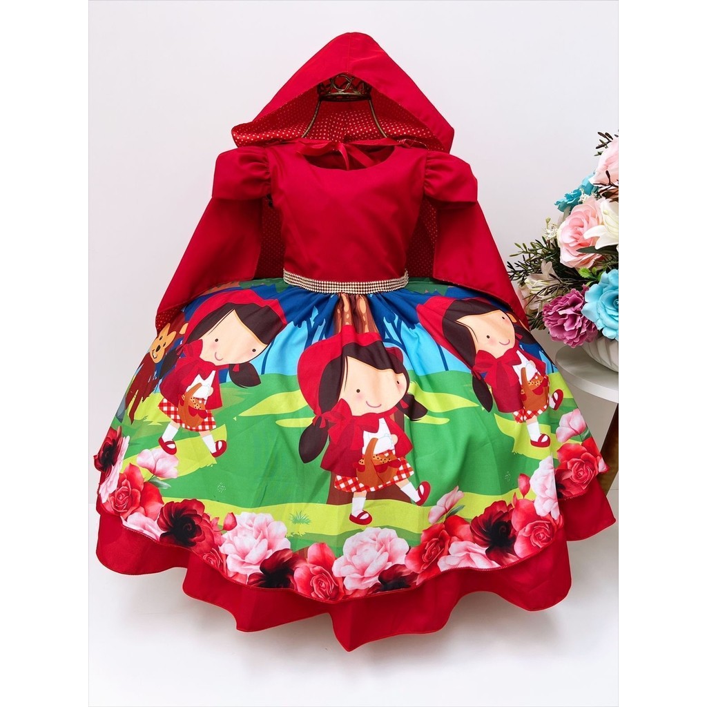 Vestido Infantil Chapeuzinho Vermelho Floral com Capuz 1 ao 3 e 6 ao 10