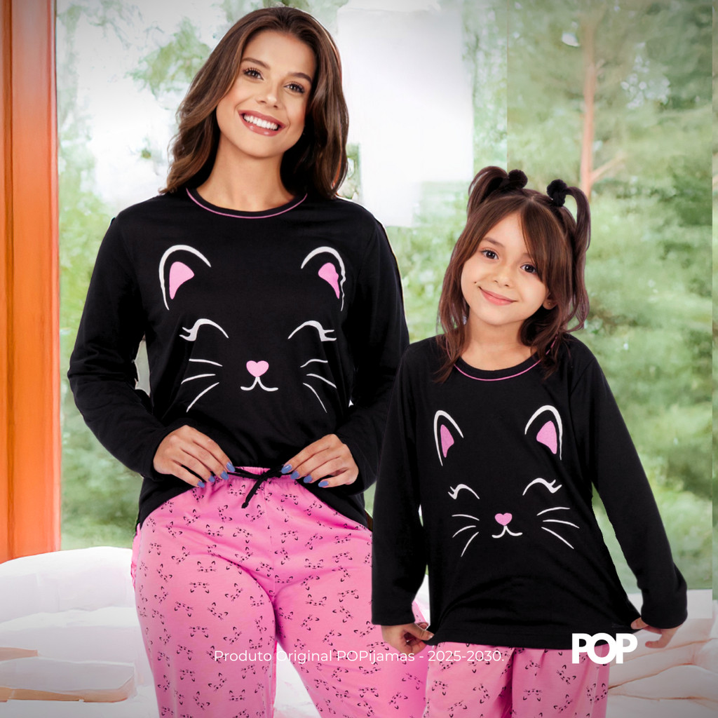 Kit Mãe e Filha Pijama Inverno Conjunto de Frio Feminino Gatinha Adulto e Infantil Master Confort