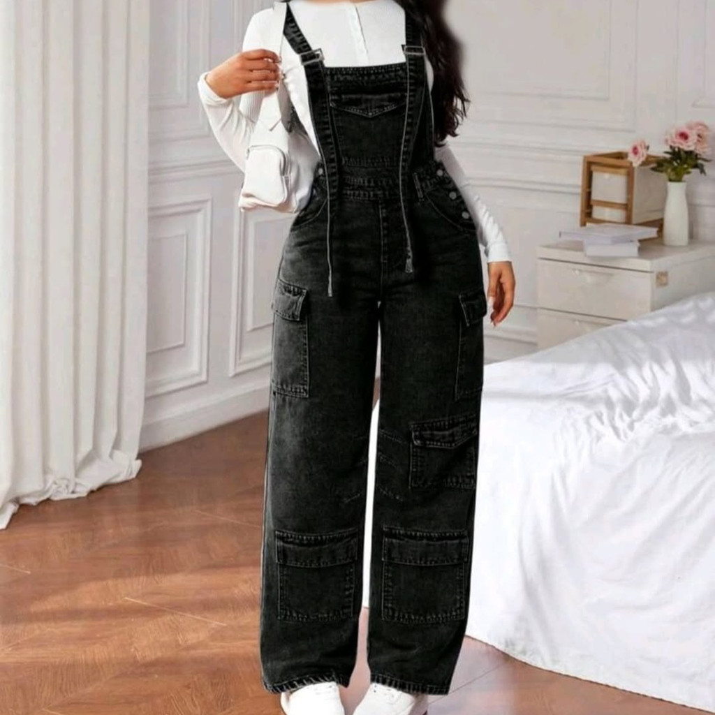 Jeans femininos calças Jeans macacão Multi-bolso calças Cargo de perna larga atacado — imagem 2 de 2