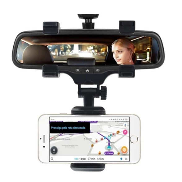 Suporte  360º Giratório para Celular com Apoio no Retrovisor Veicular Extensível Smartphone Carro