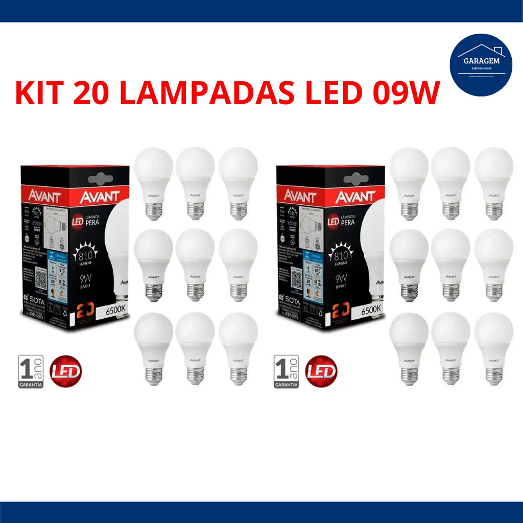 Kit 20 Lampadas Led Bulbo 9W Luz Branca Fria Bivolt - Avant