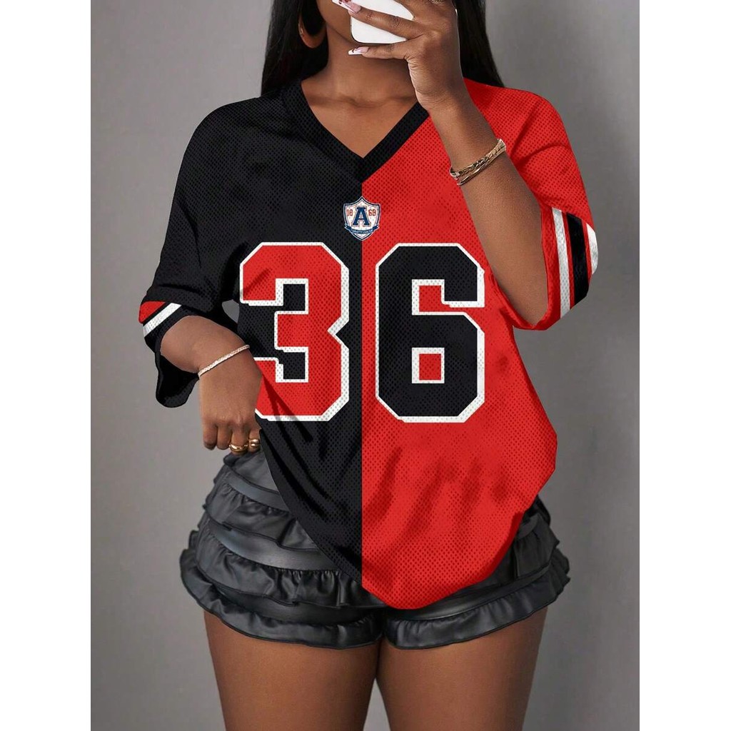 Camiseta Casual Minimalista Com Letras E Números Decote Em V Para Mulheres Plus Size , Adequada O Verão em Oferta na Shopee