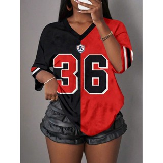 Camiseta Casual Minimalista Com Letras E Números Decote Em V Para Mulheres Plus Size , Adequada O Verão em Oferta na Shopee