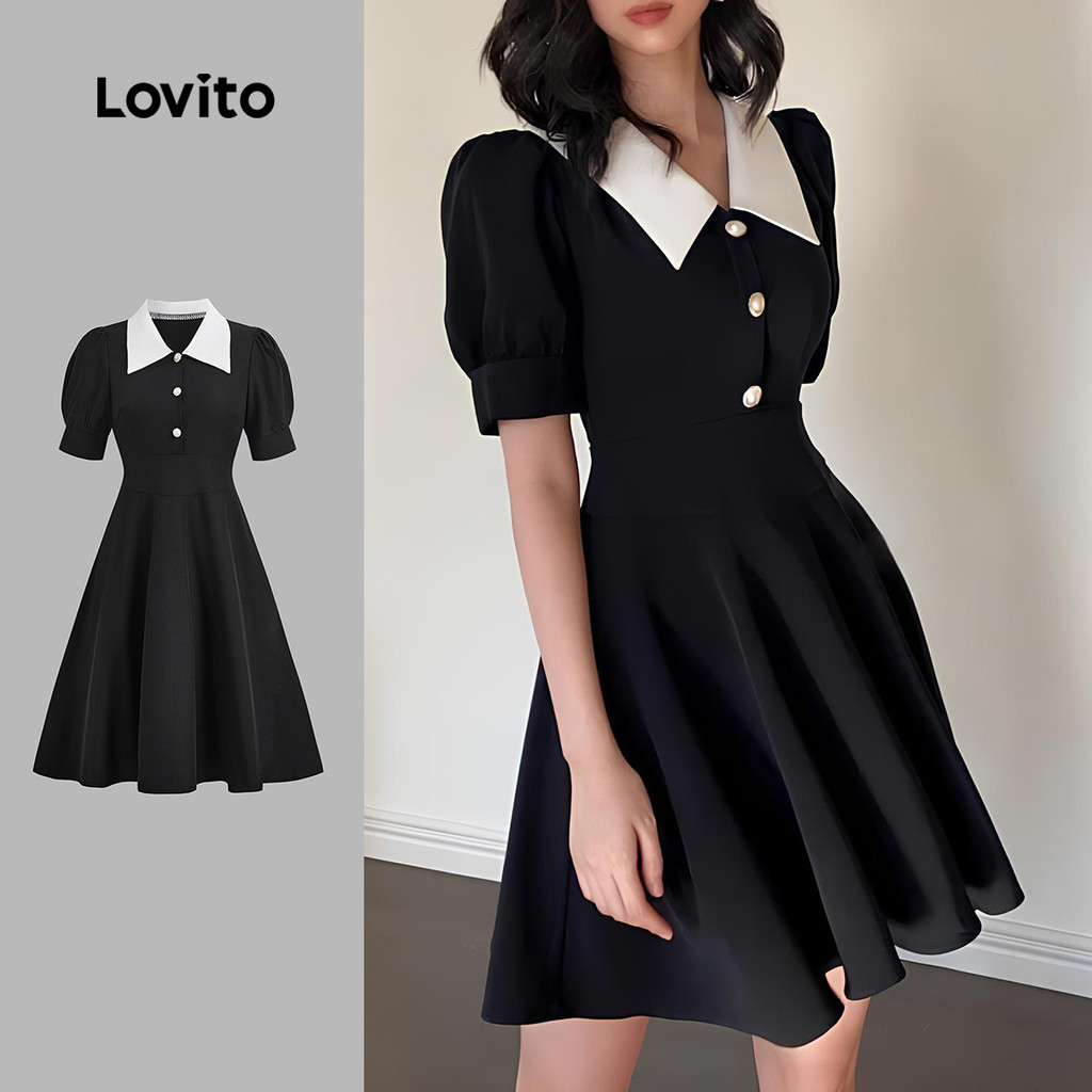Lovito Vestido Elegante, Liso, Com Botões, Em Bloco De Cores, Para Verão/primavera, Para Mulheres L131LD1011 em Oferta na Shopee