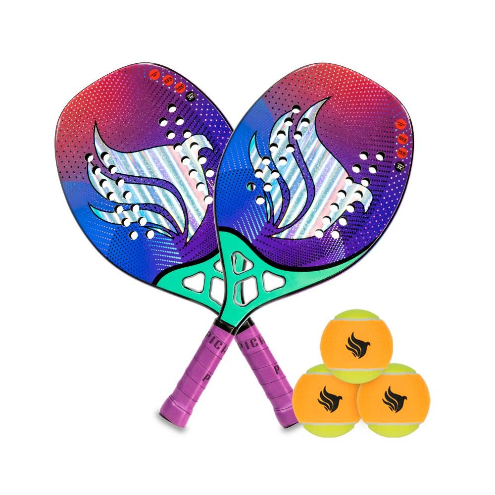 Kit Com 2 Raquetes De Beach Tennis Pichau Hawaiian Waves Face 3k Carbon + Kit Bolas